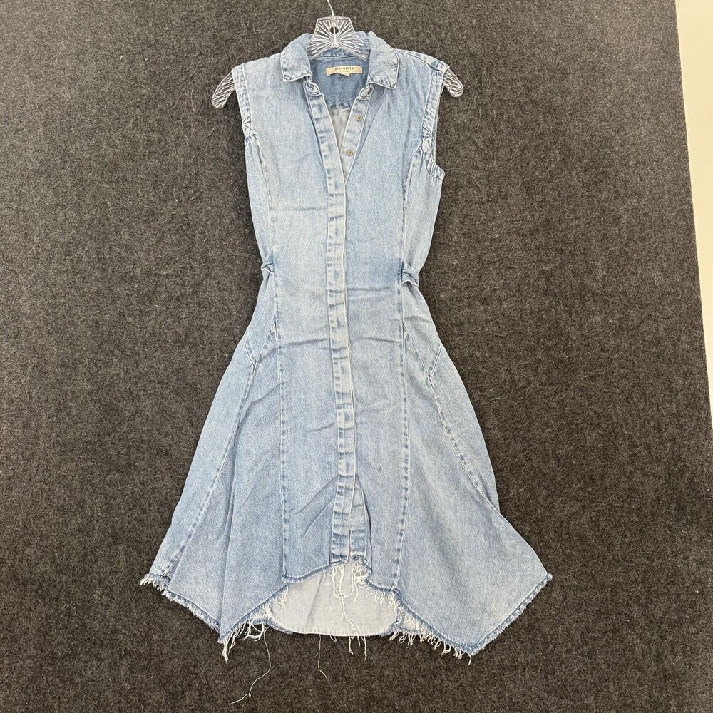 AllSaints Dress Women's XS Blue Denim Sleeveless Shirt Hi Low Raw Hem Belted
